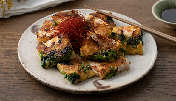 海老と菜花のじゃがいもチヂミ